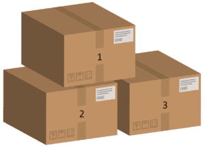 Illustratie van drie genummerde kartonnen dozen