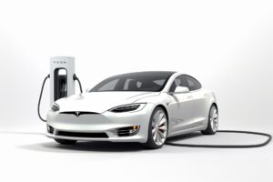 Een elektrische auto van het merk Tesla bij een laadpaal